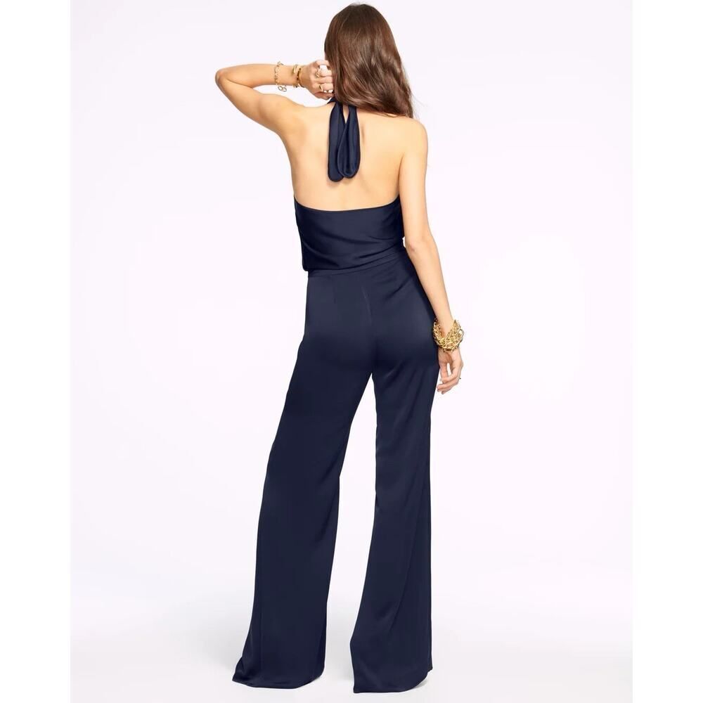 Ramy Brook Jumpsuit Womens 6 Navy Satin Halter Harriet Wide Leg Evening Career - Picture 11 of 13